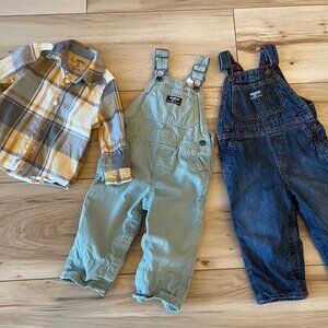 EUC OshKosh Overalls and Flannel Shirt Cozy Winter Cold Weather Bundle 18m